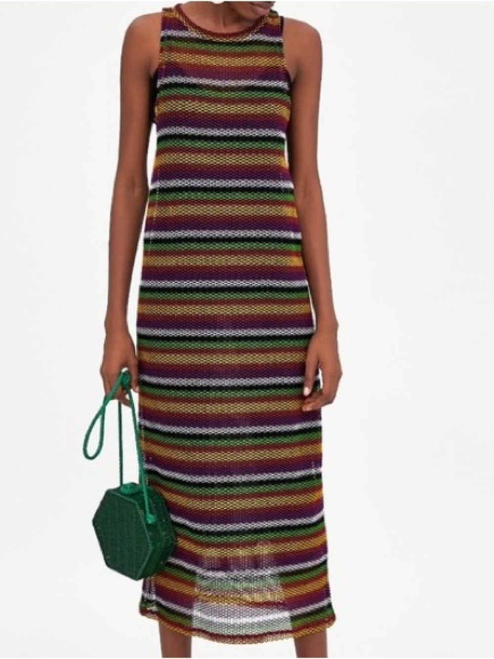 Zara Sleeveless Striped Knit Midi Dress in Green, Purple, Yellow, White